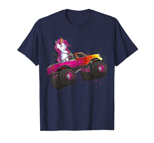 Cute Unicorn Riding Monster Truck Lovers Girls Kids Women T-Shirt