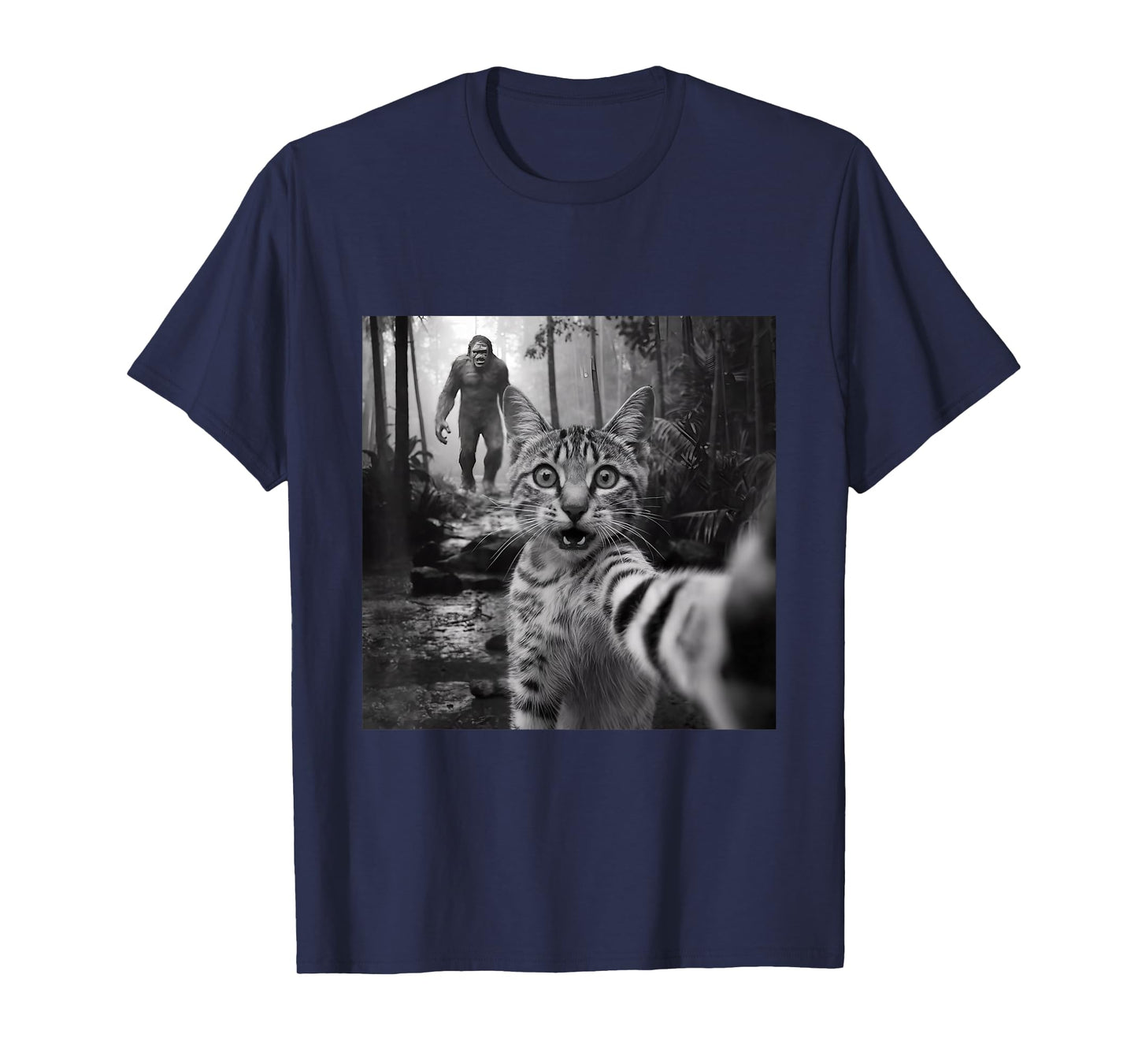 Funny surprised scared cat selfie with sasquatsch bigfoot T-Shirt