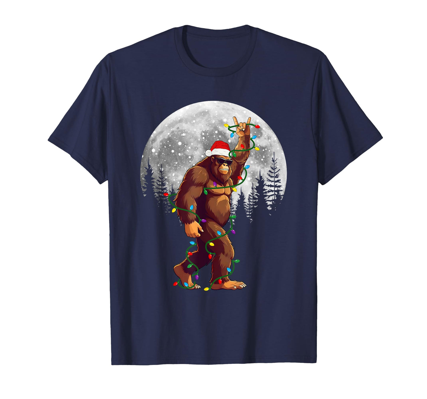 Bigfoot Santa Christmas Tree Lights Funny Xmas Sasquatch T-Shirt