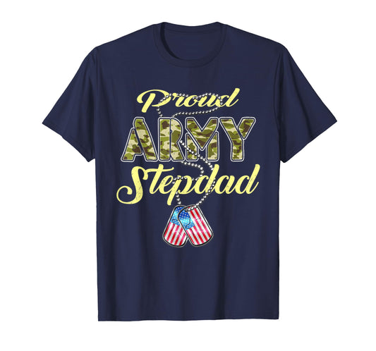 Proud Army Stepdad US Flag Camo Dog Tags Military Stepfather Men Women Kids T-Shirt