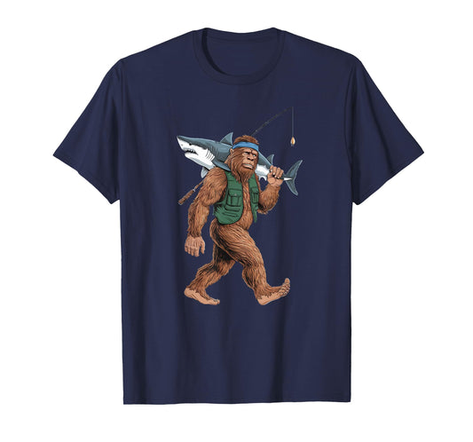 Bigfoot Fisherman Shirt - Funny Sasquatch With Shark T-Shirt