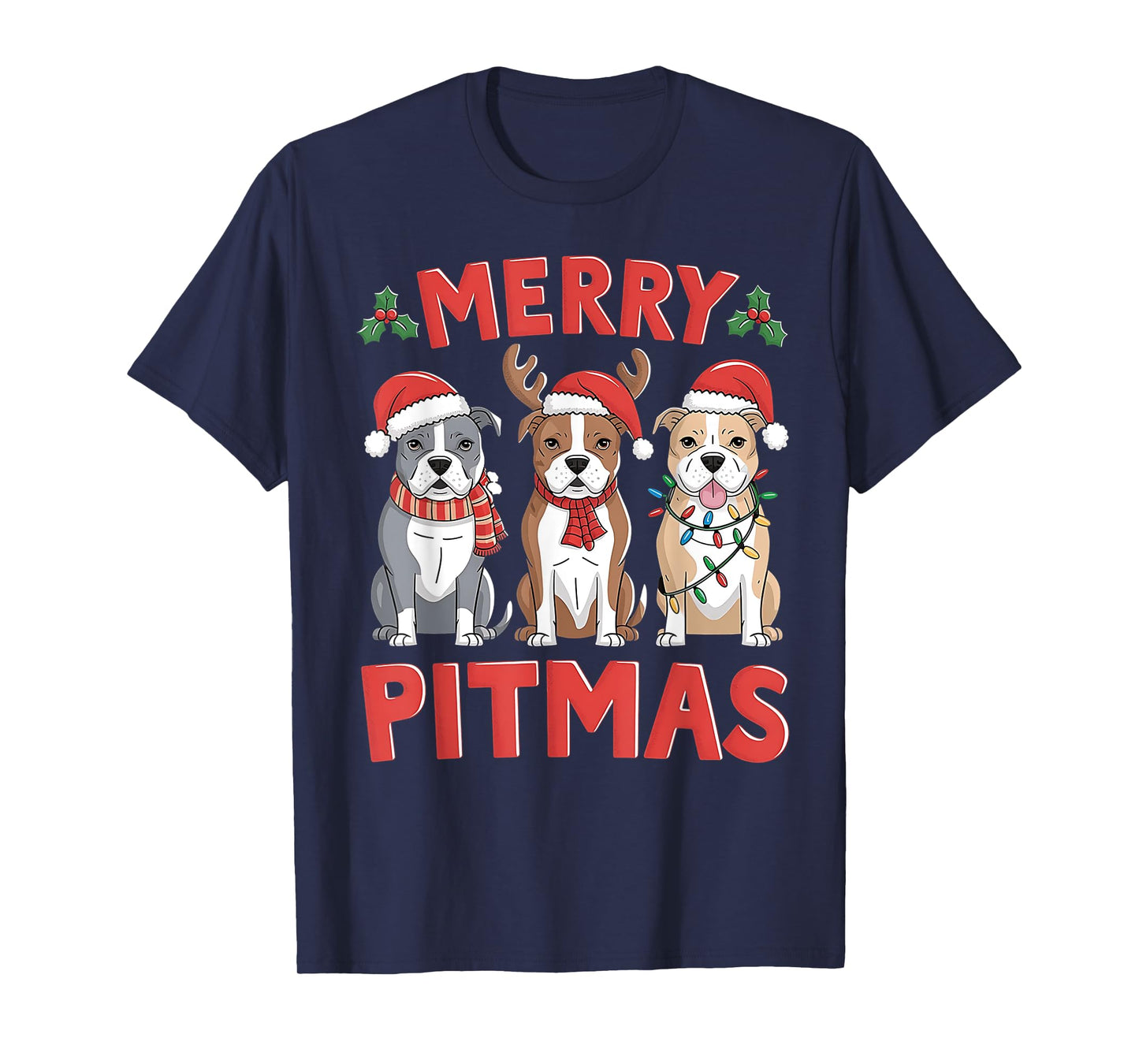 Pit Bull Santa Christmas Tree Lights Xmas Merry Pitmas T-Shirt