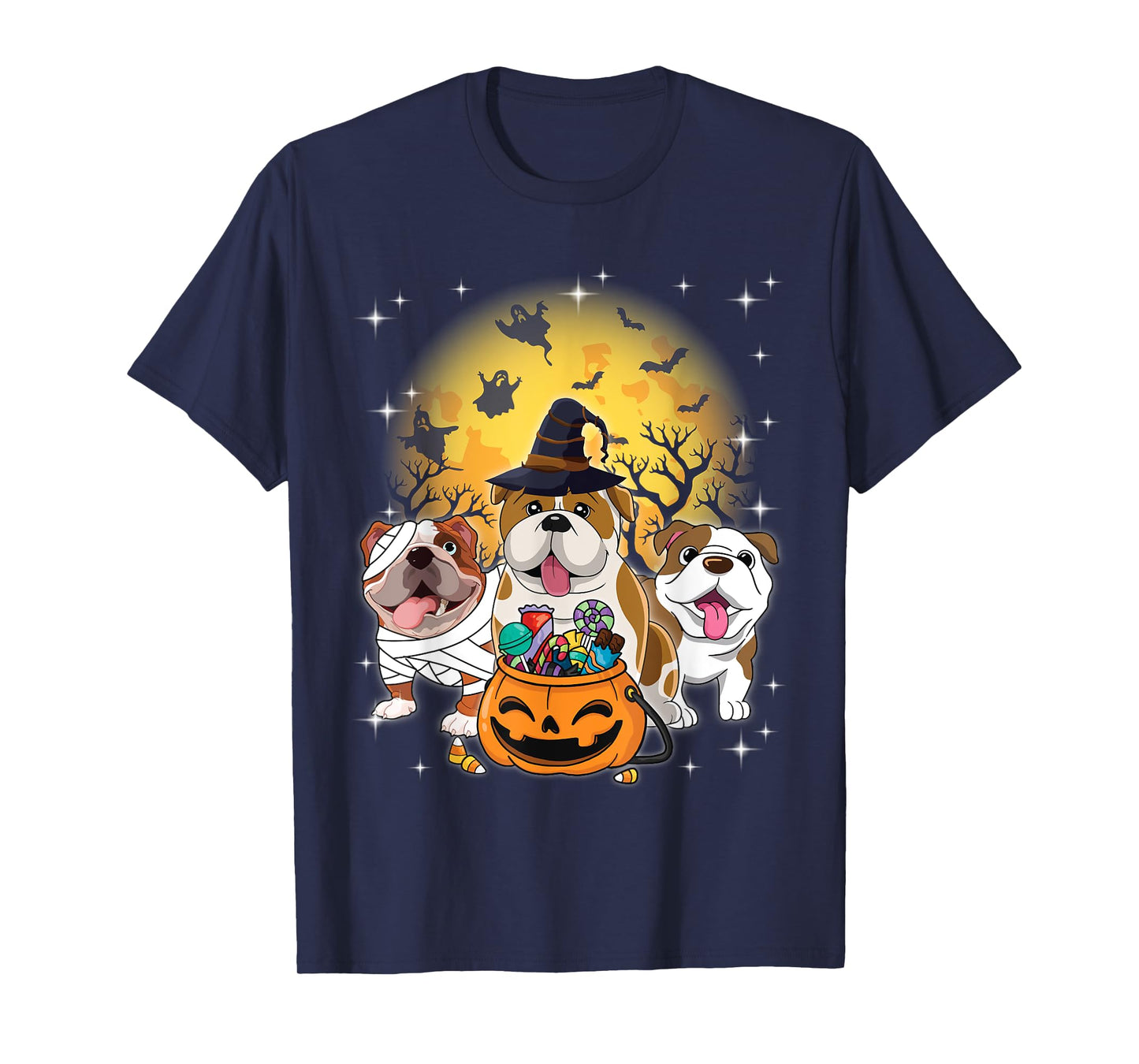 English Bulldog Mummy Witch Dog Moon Ghosts Halloween Day T-Shirt for Men Women Kids