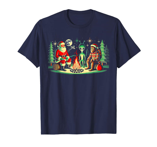 Santa Bigfoot and Alien Sat Around a Fire at Camp, Christmas T-Shirt