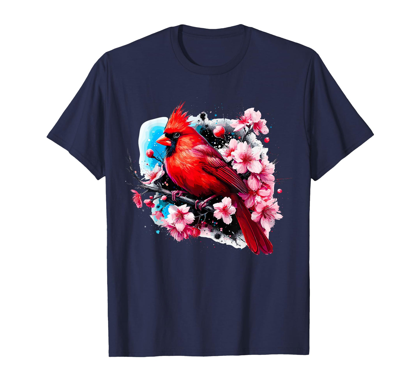 Magical and Funny Bird Watching Gifts Red Cardinal Bird with Cherry Blossom Unisex Adult T-Shirt, Small, Black, Short Sleeve, Classic Fit, Polyester 100%