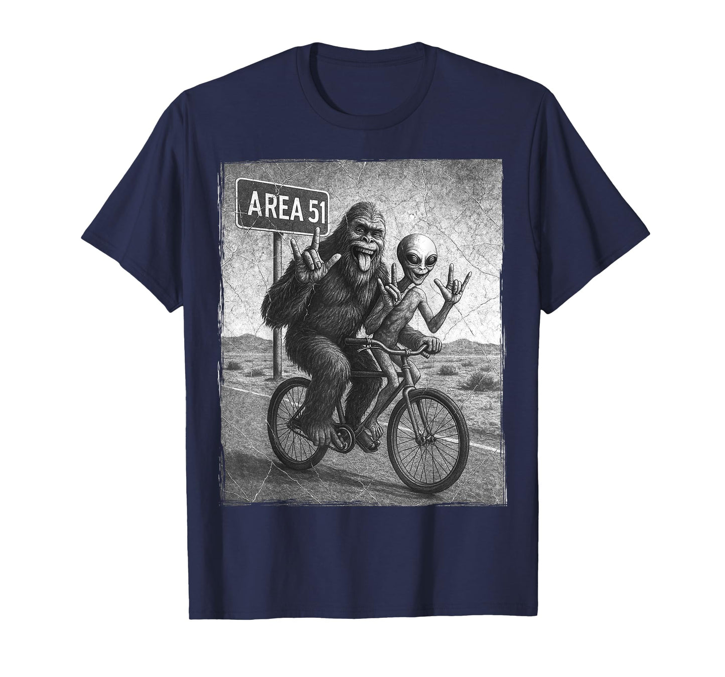 Bigfoot Alien UFO Bike Ride Rock On Area 51 Vintage Funny T-Shirt