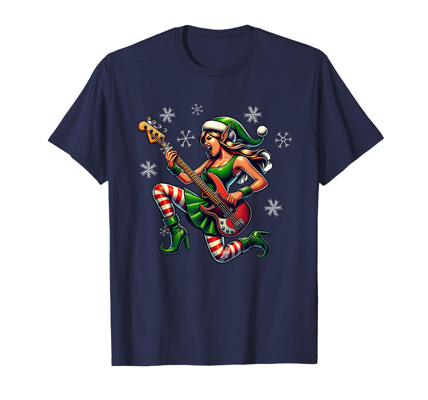Rock & Roll Christmas Elf Bass-Guitar Bassist Christmas T-Shirt