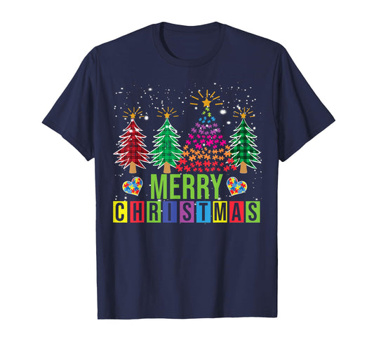 Autism Merry Christmas Tree Buffalo Plaid Matching Family T-Shirt