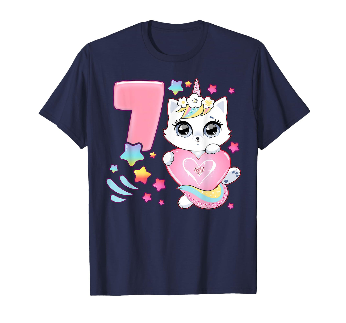 Birthday girl 7 years old, cat, unicorn, 7th birthday T-Shirt