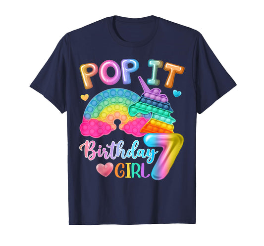 Kids Pop It Birthday Girl 7 for 7yr Old Girls Unicorn Party T-Shirt