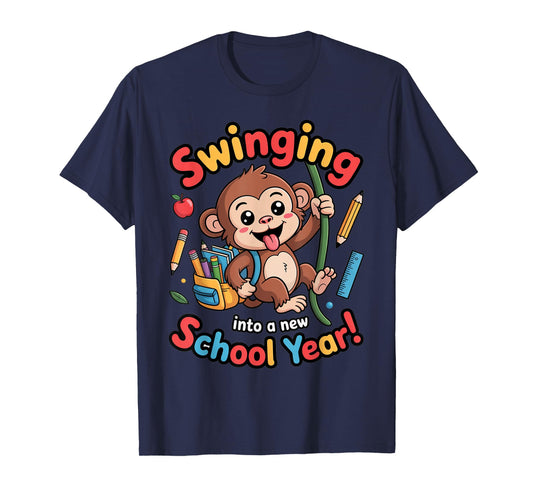 Swinging Monkey Back to School Playful Cartoon Design T-Shirt