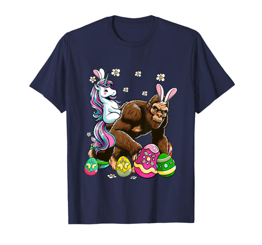 Bunny Unicorn Riding Bigfoot Flowers Easter Day Hunting Eggs T-Shirt