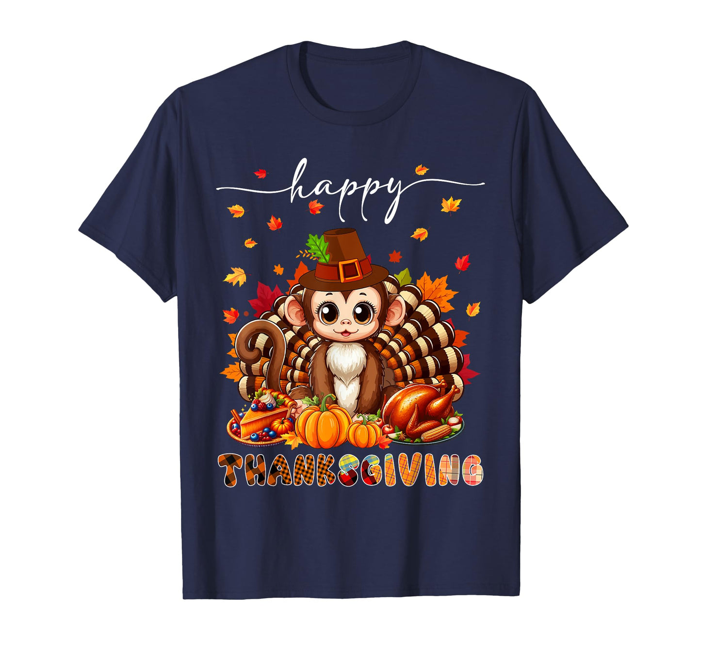 Happy Thanksgiving Monkey Costume Turkey Fall Leaves Food T-Shirt