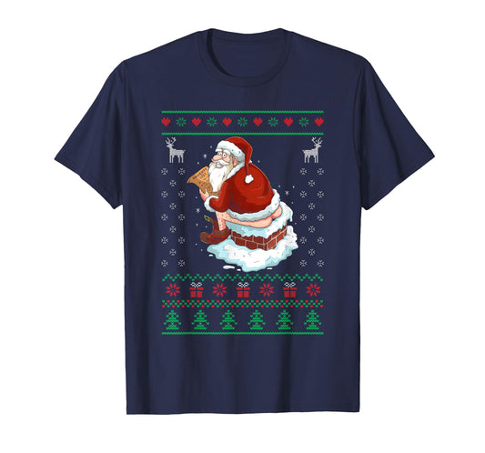 Funny Santa Pooping Down the Chimney Ugly Sweater Christmas T-Shirt