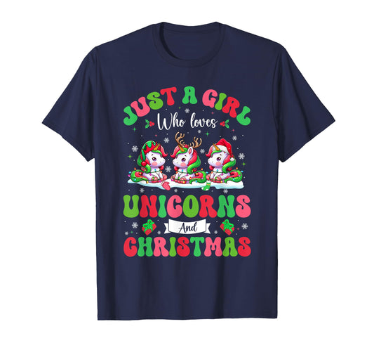 A Girl Loves Unicorns And Christmas Three Santa Unicorns T-Shirt