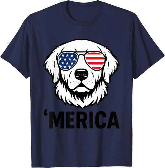 Golden Retriever Merica USA Flag 4th of July Sunglasses T-Shirt