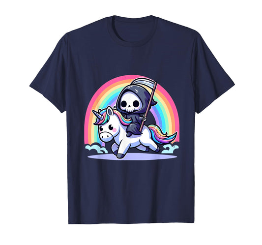 Grim Reaper Riding Unicorn Funny Rainbow Heavy Metal T-Shirt