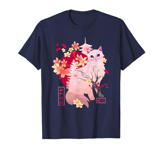 sakura cat Tree Blossoms japanese art Retro 80s Japan Anime T-Shirt