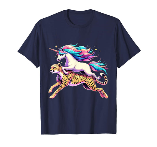 Unicorn Riding Cheetah Boys Girls Men Women Kids Rainbow T-Shirt