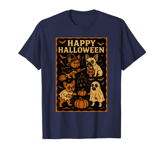 French Bulldog Happy Halloween Witch Hat Pumpkin Dog Ghost T-Shirt