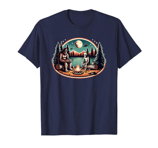 Bigfoot and Alien Campfire UFO Forest Night T-Shirt