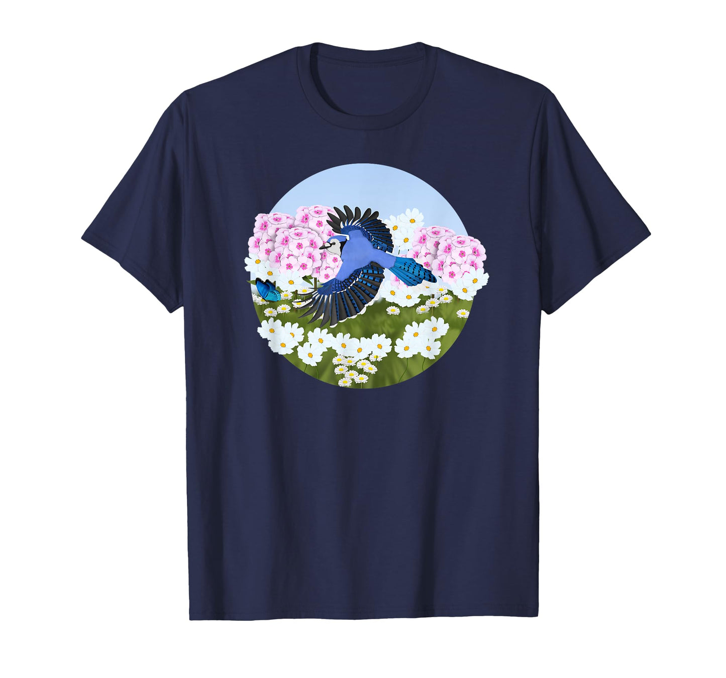 Blue Jay Summer Flowers Bird Watching Biologist Birder T-Shirt