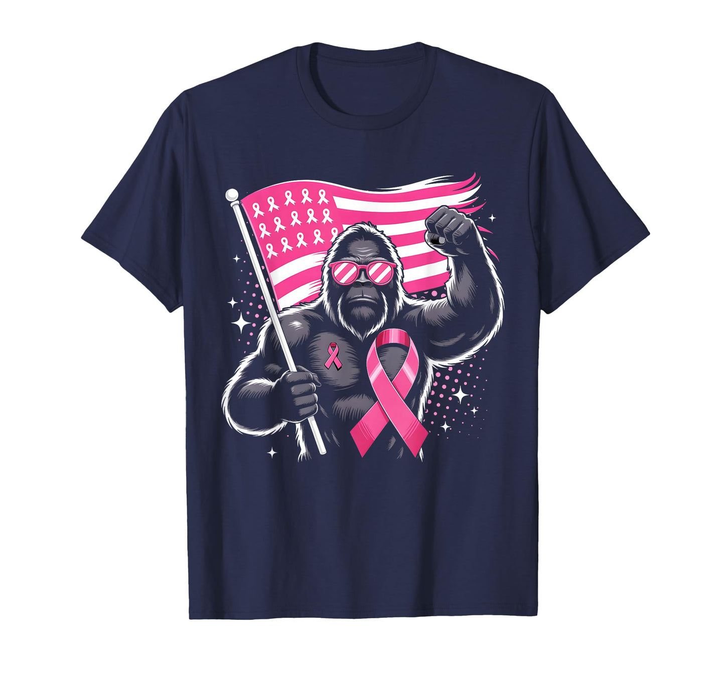 Bigfoot Pink Ribbon USA Flag Breast Cancer Awareness T-Shirt