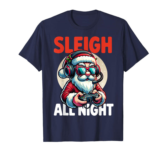 Christmas Gamer Boys Sleigh All Night Video Game Santa Xmas T-Shirt