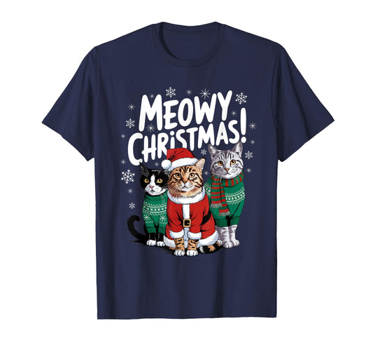 Meowy Christmas Funny Cat Christmas Holiday Xmas Santa Hat T-Shirt for Men Women Kids