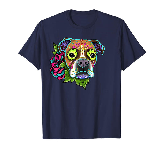 Boxer in Fawn and White - Day of the Dead Sugar Skull Dog T-Shirt