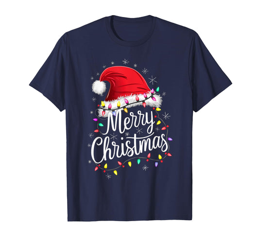 Merry Christmas Lights Red Santa Hat Xmas Family Men Women T-Shirt