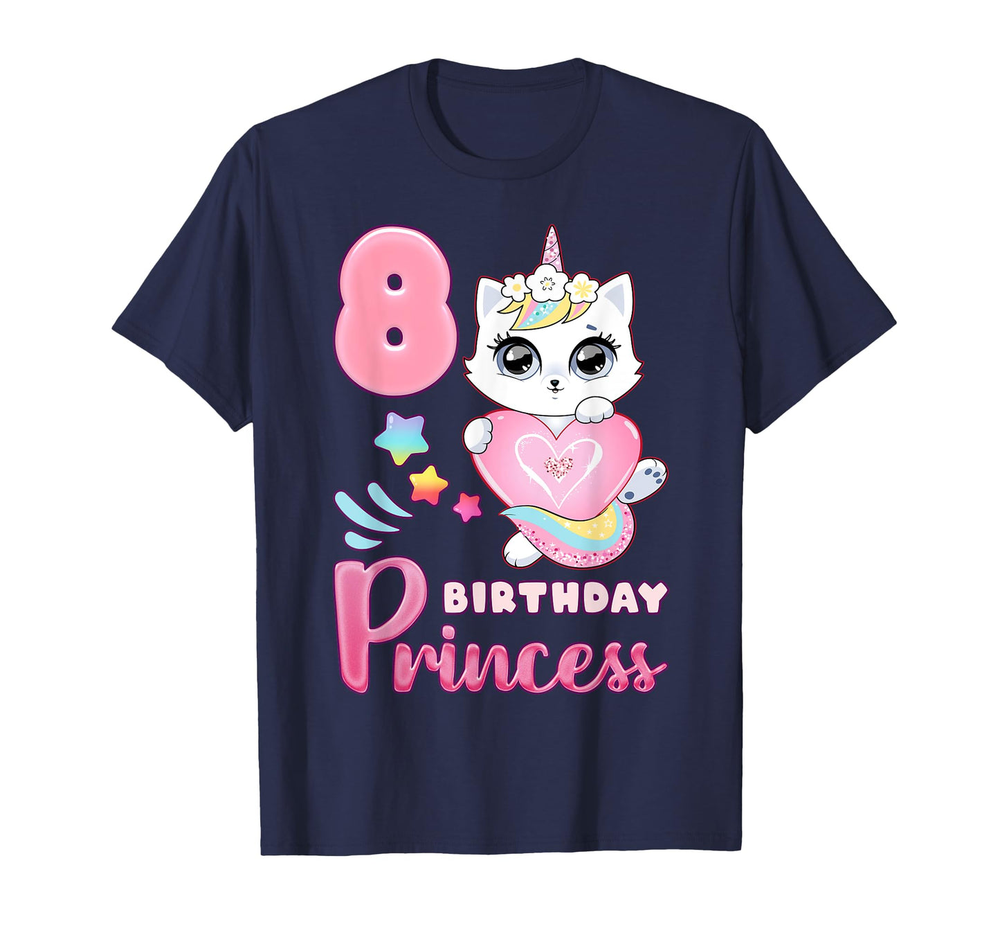Girl, 8th birthday, unicorn cat, number 8 T-Shirt