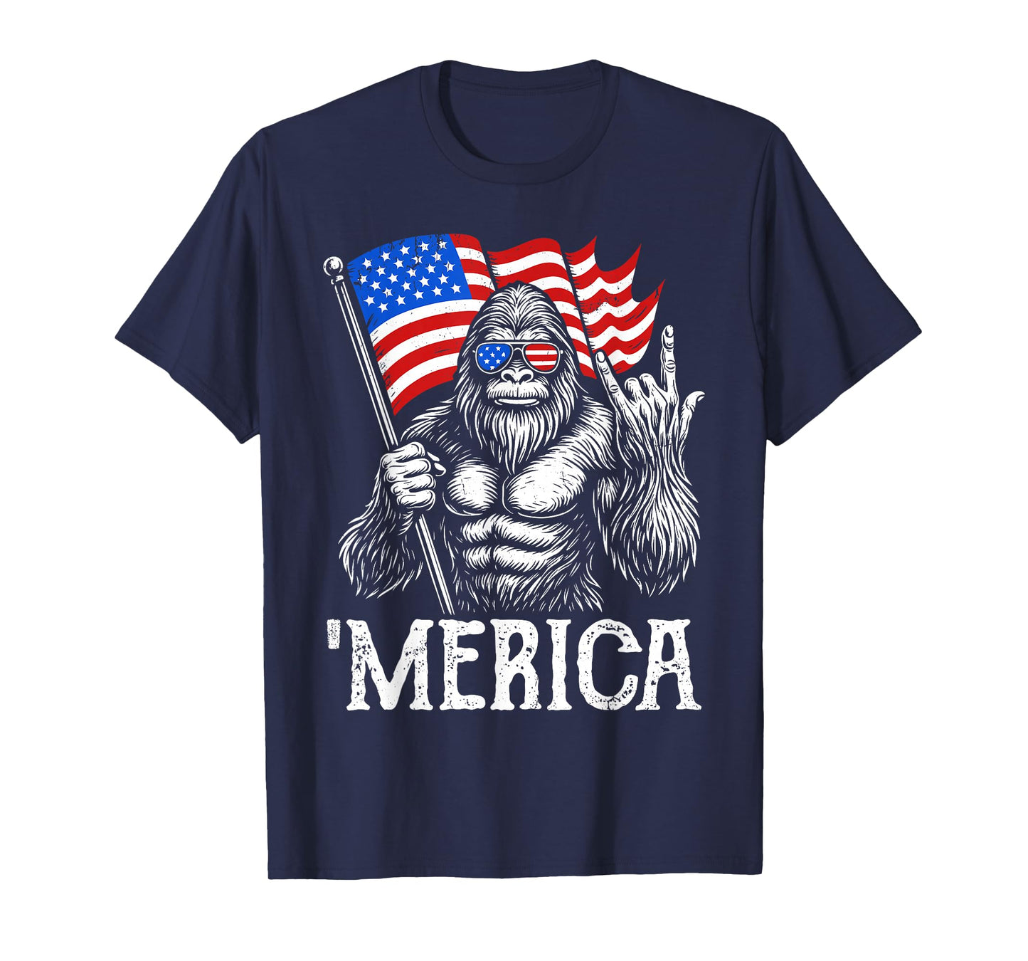 Bigfoot Merica Rock American Flag Patriotic 4th Of July T-Shirt