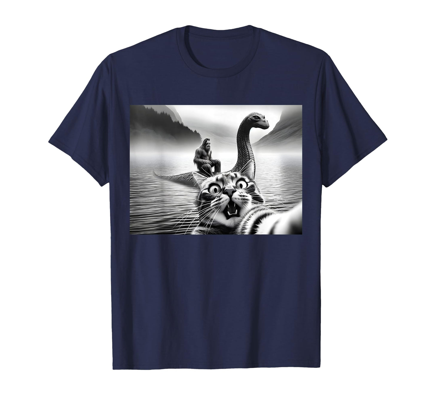 Bigfoot Riding Loch Ness Monster Surprised Scared Cat Selfie T-Shirt for Men Women Girls Kids