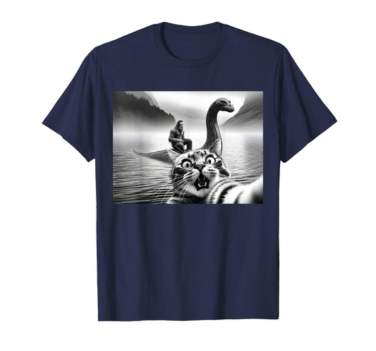 Bigfoot Riding Loch Ness Monster Surprised Scared Cat Selfie T-Shirt for Men Women Girls Kids