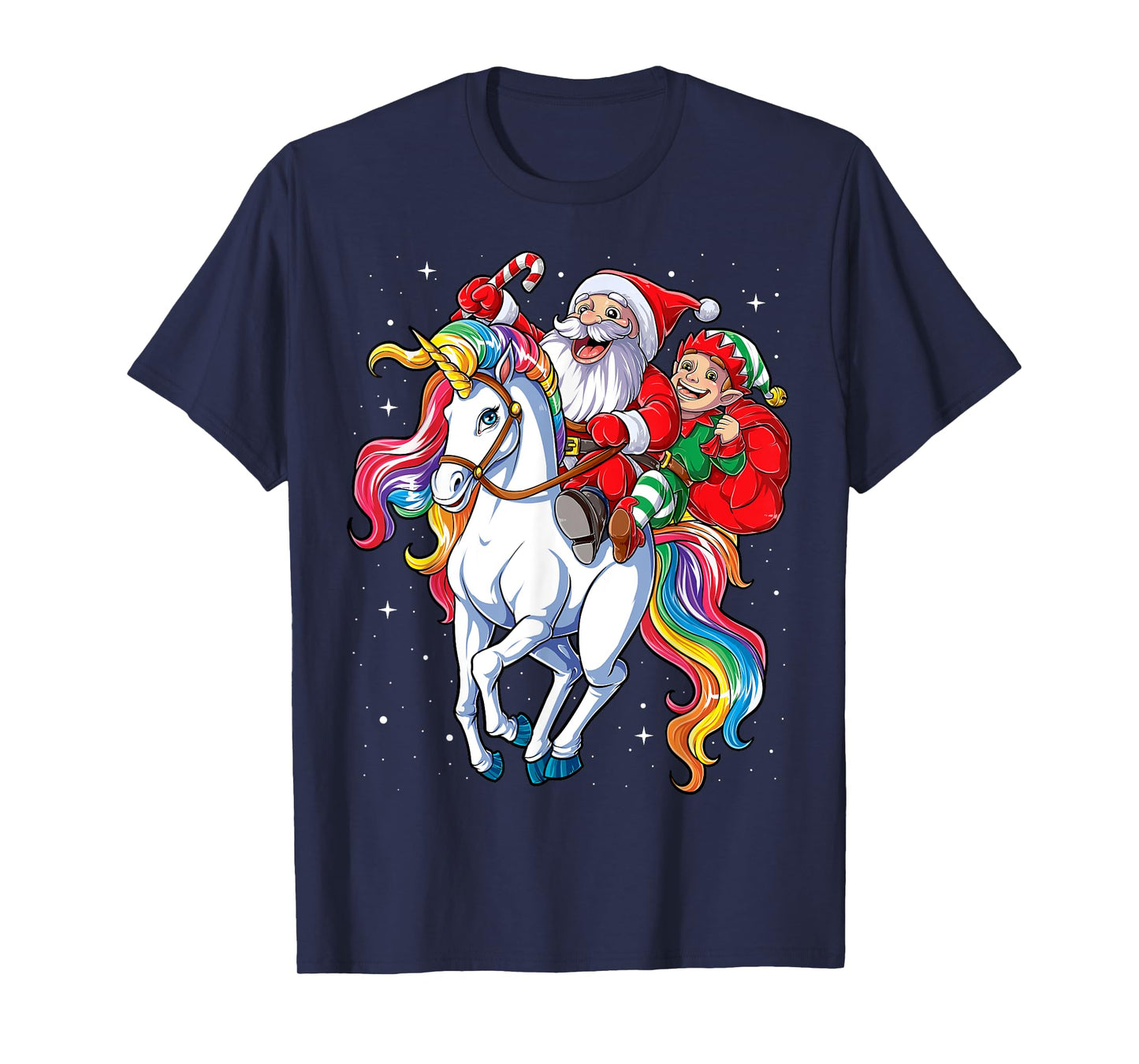 Christmas Santa Elf Riding Unicorn Xmas Girls Women Rainbow T-Shirt