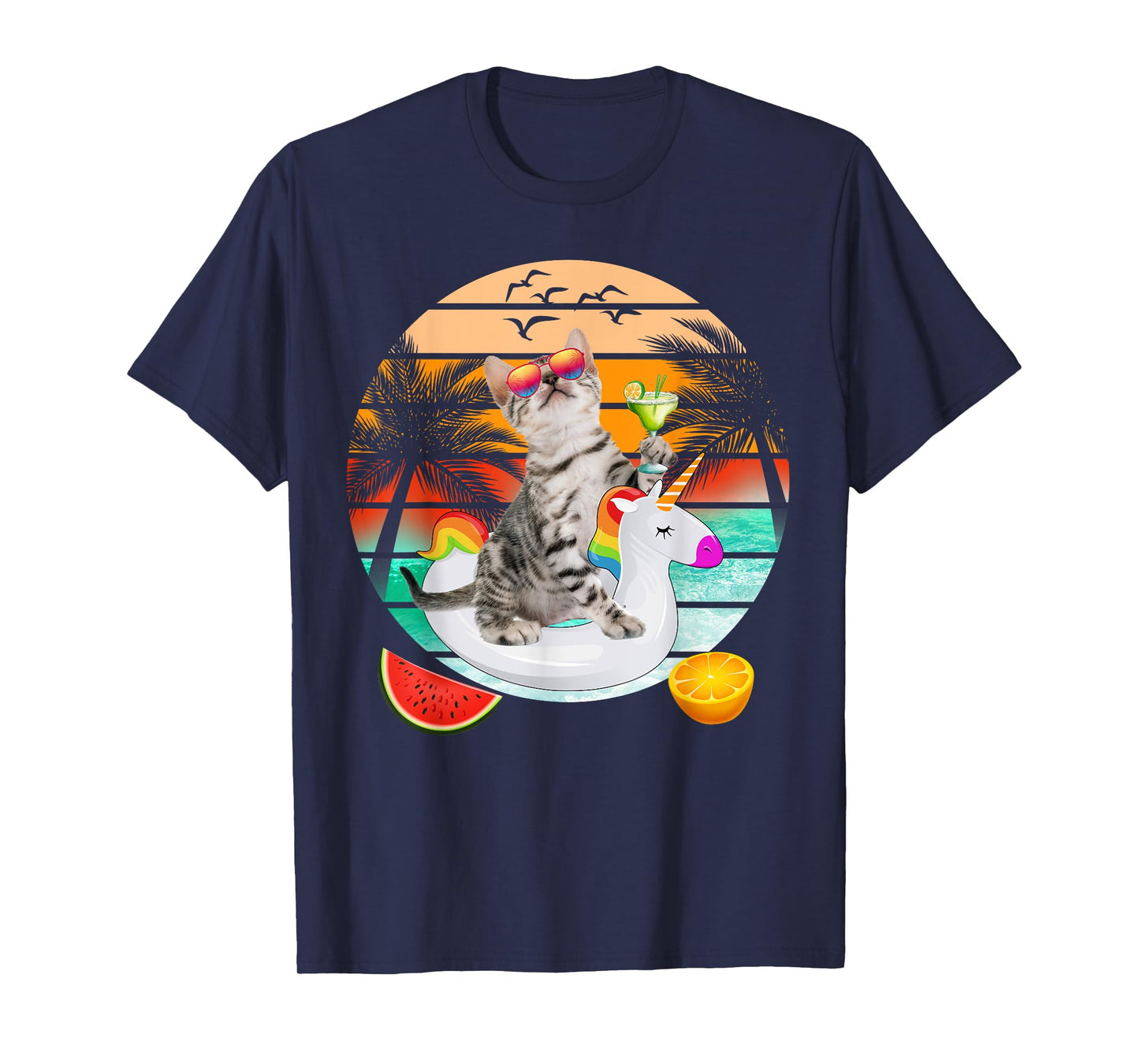 Cute Cat With Margarita & Unicorn Float Kitten Summer Vibes T-Shirt