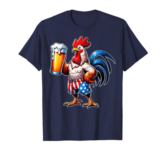 Chicken Holding Beer USA Flag 4th of July Patriotic Chicken T-Shirt