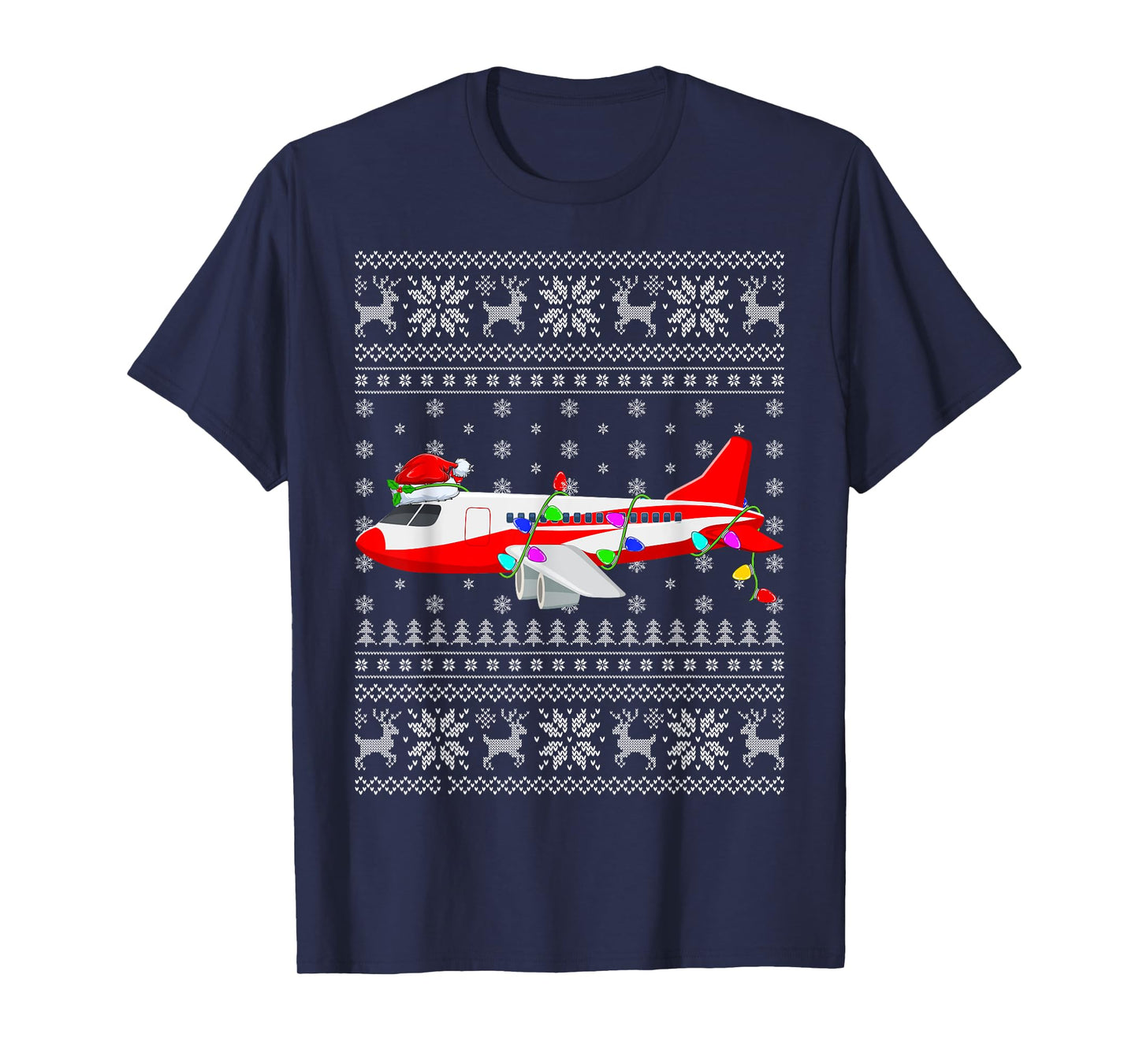 Ugly Sweater Xmas Lights Santa Hat Airplane Christmas T-Shirt