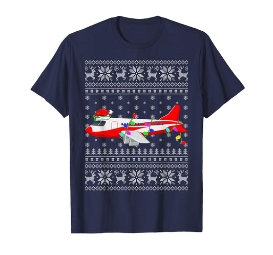 Ugly Sweater Xmas Lights Santa Hat Airplane Christmas T-Shirt
