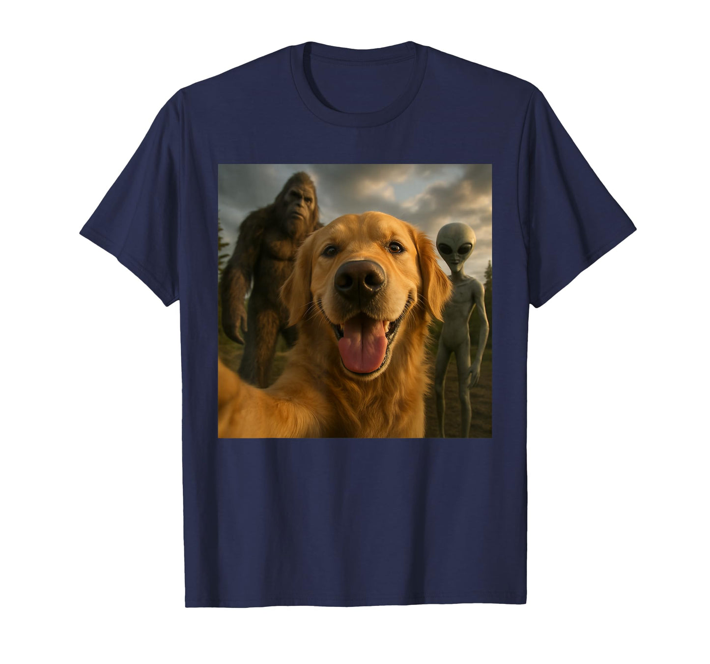 Funny Golden Retriever Dog Selfie with Alien & Bigfoot T-Shirt