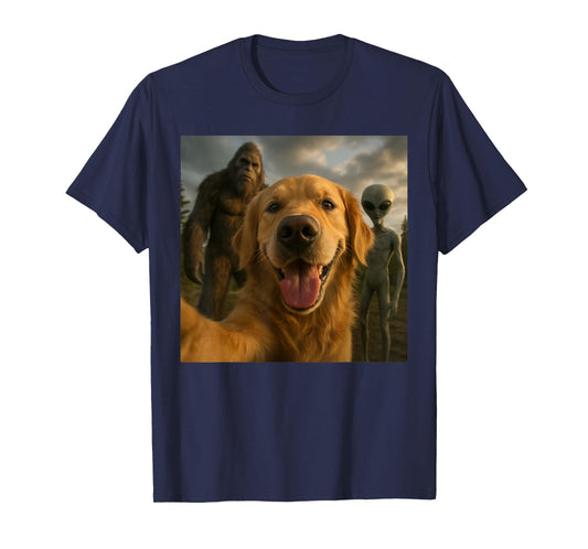 Funny Golden Retriever Dog Selfie with Alien & Bigfoot T-Shirt