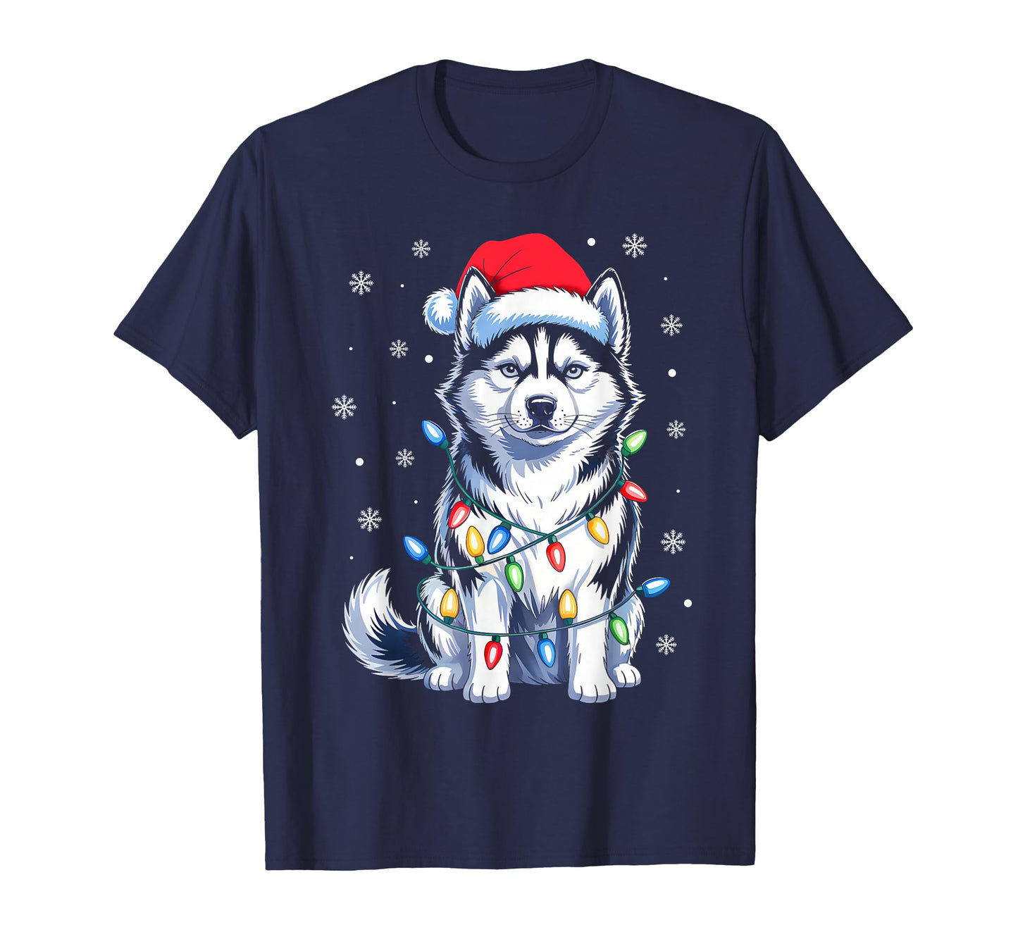 Husky Dog Christmas Lights Santa Hat Family Xmas Pajamas T-Shirt