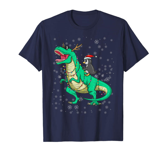 Christmas Penguin Riding Dinosaur T Rex Holiday Costume Fun T-Shirt