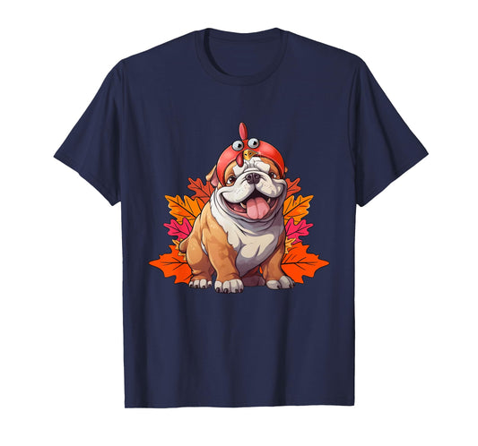 Turkey English Bulldog Fall Autumn Leaf Funny Thanksgiving T-Shirt
