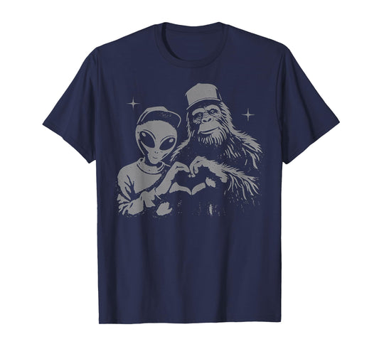Bigfoot & Alien Sasquatch Love Hand Sign T-Shirt
