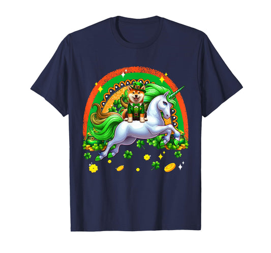 Patrick's Day Shiba Inu Riding Unicorn Shamrocks Rainbow T-Shirt