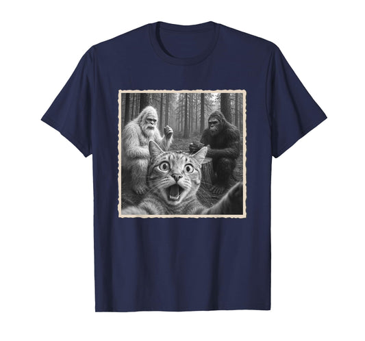 Cat Selfie With Yeti & Bigfoot | Funny Scared Cat T-Shirt
