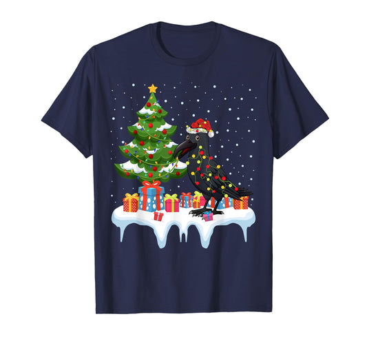 Xmas Lighting Tree Santa Hat Raven Christmas T-Shirt
