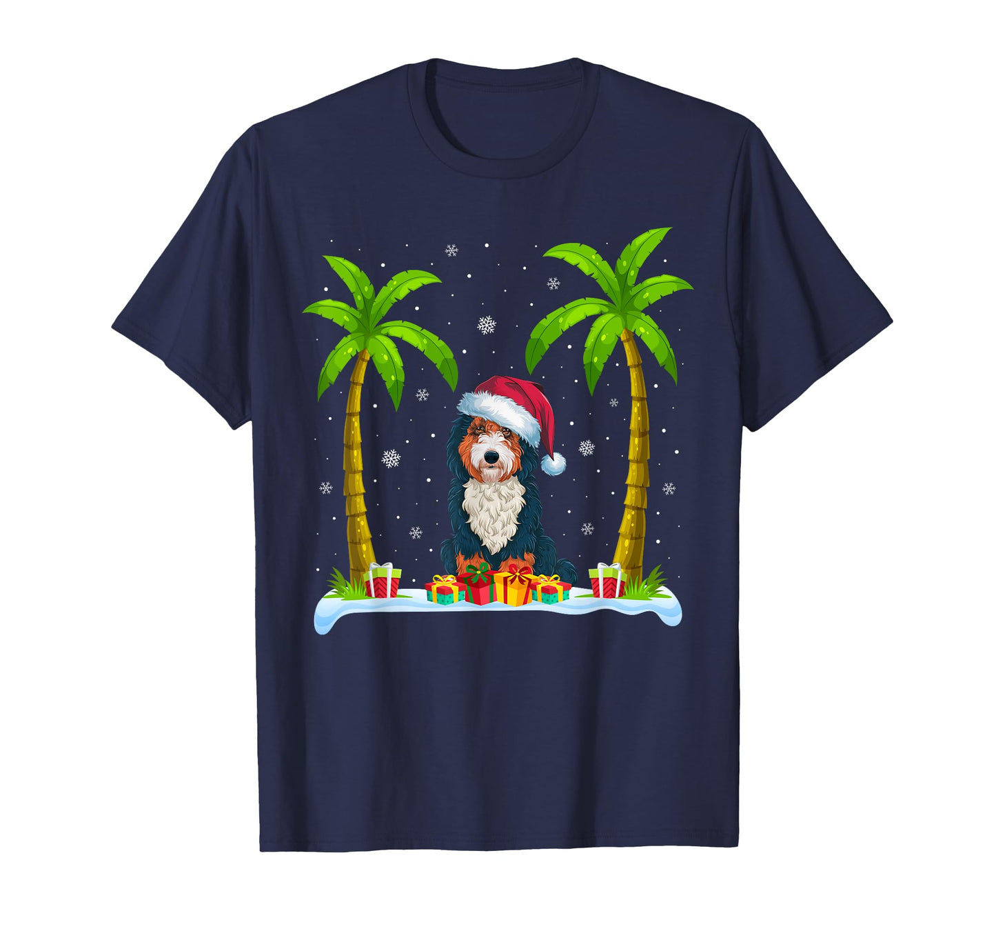 Bernedoodle Dog Santa Hat Palm Tree Beach Xmas Pajama Men Women Kids T-Shirt